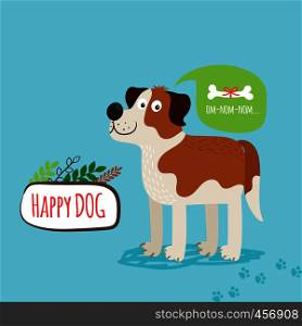 Vector cartoon happy dog, card template with text om-nom-nom. Vector cartoon happy dog card