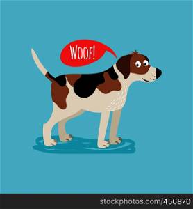 Vector cartoon happy dog, card template with text woof. Vector cartoon happy dog
