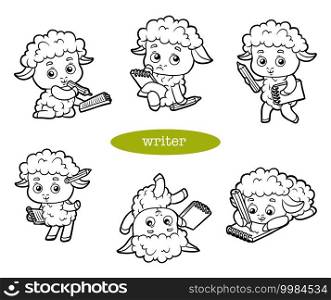 Vector cartoon illustration, black and white set with a funny sheep