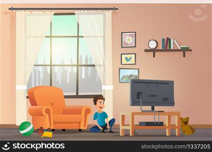 Vector Cartoon Illustration Concept Happy Children. Image Smiling Little Boy Playing Set top Box on Big TV. Sitting Floor Room near Orange Chair against Window with Silhouette City.