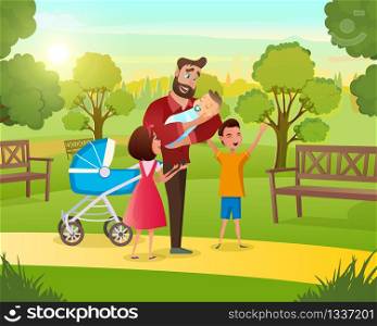 Vector Cartoon Illustration Concept Happy Family. Image Young Family on Walk in Park with Child in Fresh Air. Father Hold Newborn Baby in his Hand. Surrounded by Son and Daughter. Baby Blue Stroller