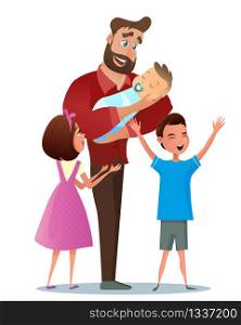 Vector Cartoon Illustration Concept Happy Family. Image Young Father Holding Newborn Baby in his Hand. Surrounded by Son and Daughter. Happy Brother and Sister. Isolated On White Background