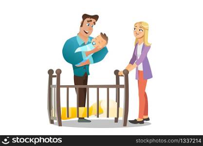 Vector Cartoon Illustration Concept Happy Family. Image Young Smiling Father Holding Newborn Baby in his Hand. Happy Husband and Wife are Standing near Wooden Crib. Isolated on White Background