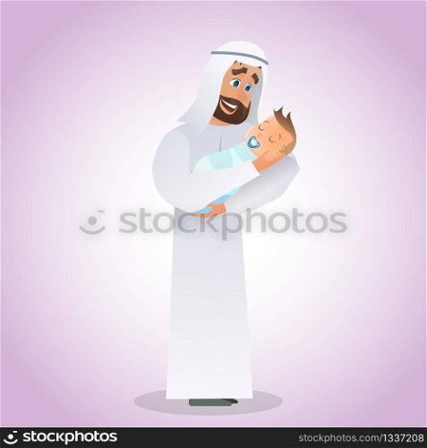 Vector Cartoon Illustration Concept Happy Father. Image Young Arab Man Holding Newborn Baby. Happiness Cute Baby in Father Hand. Father Puts Baby to Sleep. Isolated on Pink Background