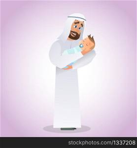 Vector Cartoon Illustration Concept Happy Father. Image Young Arab Man Holding Newborn Baby. Happiness Cute Baby in Father Hand. Father Puts Baby to Sleep. Isolated on Pink Background