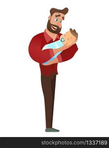 Vector Cartoon Illustration Concept Happy Father. Image Young Bearded Man Holding Newborn Baby. Happiness Cute Baby in Father Hand. Father Puts Baby to Sleep. Isolated on White Background