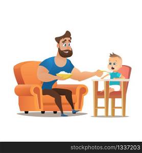 Vector Cartoon Illustration Concept Happy Father. Image Young Smiling Father Sitting in Chair, Feeding with Spoon a Little Son Sitting in Children Chair, Semolina. Isolated on White Background