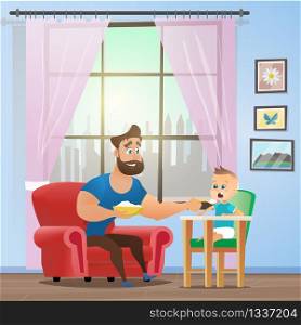 Vector Cartoon Illustration Concept Happy Father. Image Young Smiling Father Sitting in Red Chair, Feeding with Spoon a Little Son Sitting in Children Chair, Semolina. In Interior Home Room