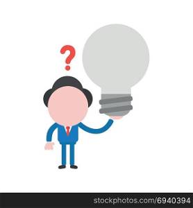 Vector cartoon illustration concept of confused faceless businessman mascot character holding grey light bulb symbol icon with red question mark.