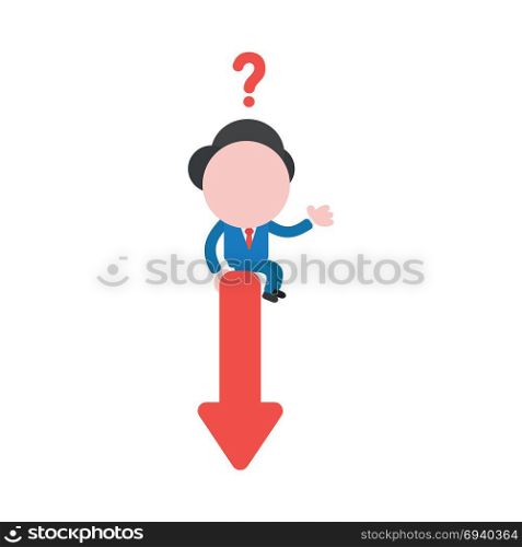 Vector cartoon illustration concept of confused faceless businessman mascot character with question mark sitting on red arrow symbol icon moving down.