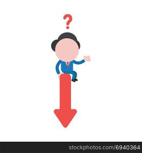 Vector cartoon illustration concept of confused faceless businessman mascot character with question mark sitting on red arrow symbol icon moving down.