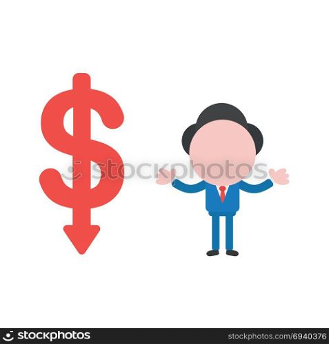 Vector cartoon illustration concept of faceless businessman mascot character and red dollar money symbol icon with arrow moving down.