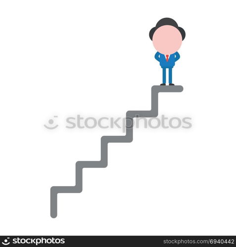 Vector cartoon illustration concept of faceless businessman mascot character at top of stairs symbol icon.