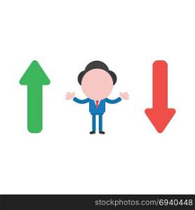 Vector cartoon illustration concept of faceless businessman mascot character between green and red arrows symbol icon moving up and down.