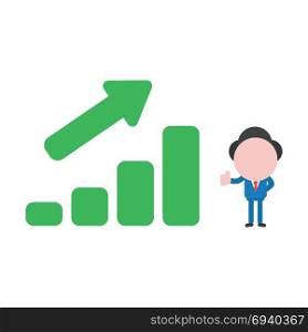 Vector cartoon illustration concept of faceless businessman mascot character gesturing thumbs up with green sales bar chart symbol icon moving up.