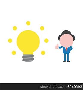 Vector cartoon illustration concept of faceless businessman mascot character gesturing thumbs up with yellow glowing light bulb symbol icon.
