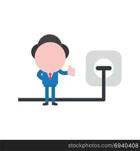 Vector cartoon illustration concept of faceless businessman mascot character gesturing thumbs up and electrical plug plugged into outlet symbol icon.