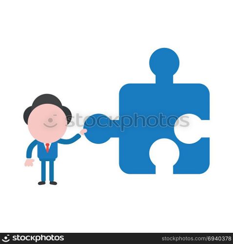 Vector cartoon illustration concept of faceless businessman mascot character holding blue jigsaw puzzle piece symbol icon.