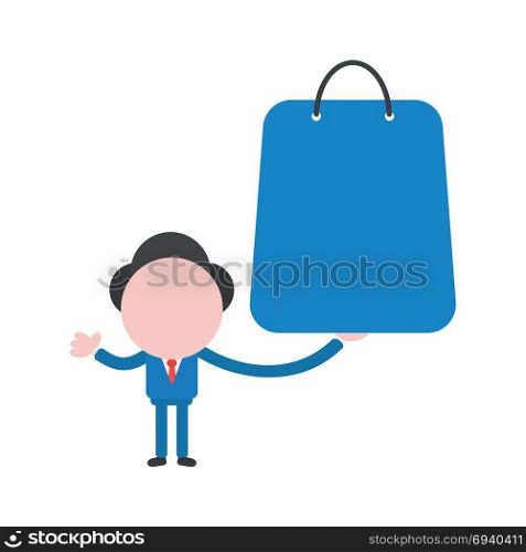 Vector cartoon illustration concept of faceless businessman mascot character holding blue shopping bag symbol icon.