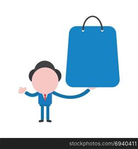 Vector cartoon illustration concept of faceless businessman mascot character holding blue shopping bag symbol icon.