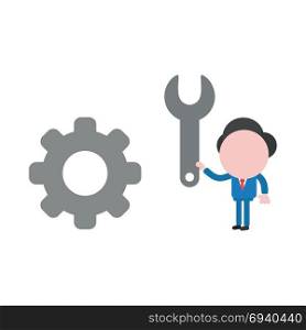 Vector cartoon illustration concept of faceless businessman mascot character holding grey spanner to grey gear symbol icon for repair.