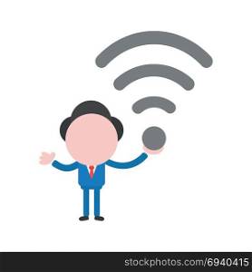 Vector cartoon illustration concept of faceless businessman mascot character holding grey wireless wifi symbol icon.