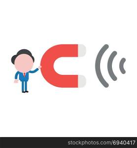 Vector cartoon illustration concept of faceless businessman mascot character holding magnet attracting