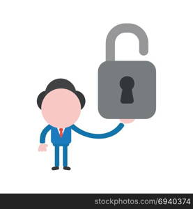 Vector cartoon illustration concept of faceless businessman mascot character holding open padlock symbol icon.