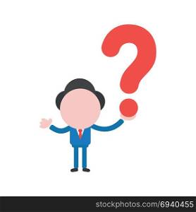 Vector cartoon illustration concept of faceless businessman mascot character holding red question mark symbol icon.