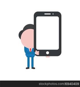 Vector cartoon illustration concept of faceless businessman mascot character holding smartphone symbol icon.