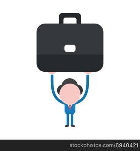 Vector cartoon illustration concept of faceless businessman mascot character holding up black briefcase symbol icon.
