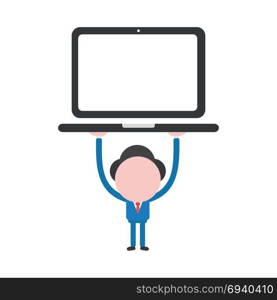Vector cartoon illustration concept of faceless businessman mascot character holding up laptop computer symbol icon.
