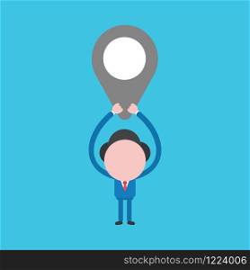 Vector cartoon illustration concept of faceless businessman mascot character holding up map pointer on blue background.