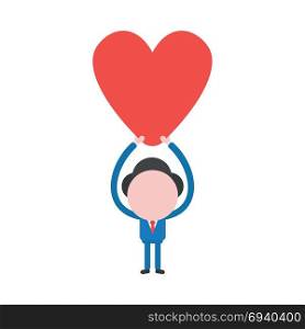 Vector cartoon illustration concept of faceless businessman mascot character holding up red heart symbol icon.