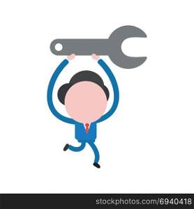 Vector cartoon illustration concept of faceless businessman mascot character holding up, running and carrying grey spanner symbol icon.