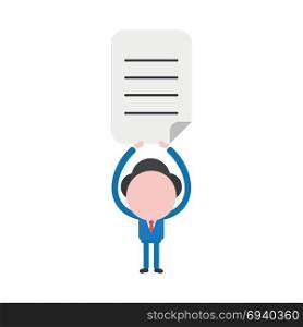 Vector cartoon illustration concept of faceless businessman mascot character holding up written paper symbol icon.