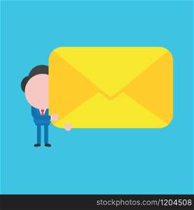 Vector cartoon illustration concept of faceless businessman mascot character holding yellow closed envelope symbol icon.
