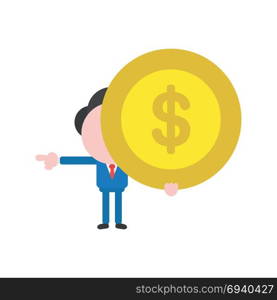 Vector cartoon illustration concept of faceless businessman mascot character holding yellow dollar money coin symbol icon and pointing.