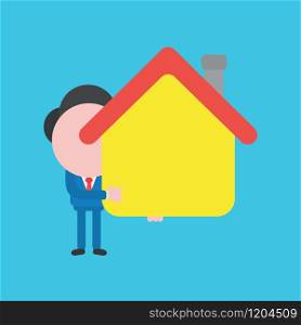 Vector cartoon illustration concept of faceless businessman mascot character holding yellow house symbol icon.