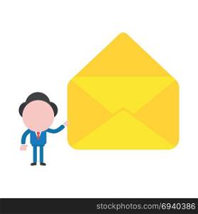 Vector cartoon illustration concept of faceless businessman mascot character holding yellow open envelope symbol icon.