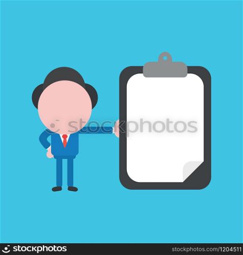 Vector cartoon illustration concept of faceless businessman mascot character leaning on black clipboard with blank paper symbol icon.