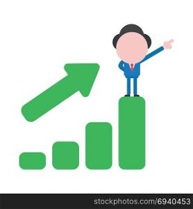 Vector cartoon illustration concept of faceless businessman mascot character on green sales bar chart symbol icon moving up and pointing up.