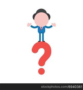 Vector cartoon illustration concept of faceless businessman mascot character on red question mark symbol icon.