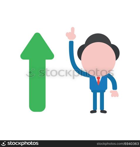 Vector cartoon illustration concept of faceless businessman mascot character pointing up with green arrow symbol icon moving up.
