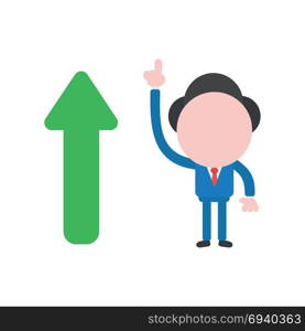 Vector cartoon illustration concept of faceless businessman mascot character pointing up with green arrow symbol icon moving up.