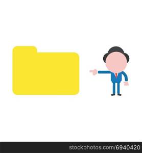 Vector cartoon illustration concept of faceless businessman mascot character pointing yellow closed folder symbol icon.