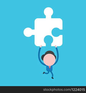 Vector cartoon illustration concept of faceless businessman mascot character running and carrying missing jigsaw puzzle piece on blue background.