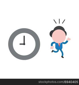 Vector cartoon illustration concept of faceless businessman mascot character running away from grey and white clock symbol icon.