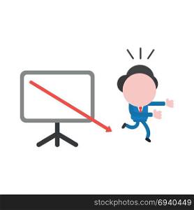 Vector cartoon illustration concept of faceless businessman mascot character running away from red arrow moving down and out of presentation chart board symbol icon.