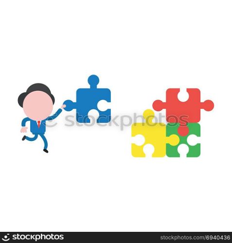 Vector cartoon illustration concept of faceless businessman mascot character running, holding and carrying blue missing jigsaw puzzle piece symbol icon.